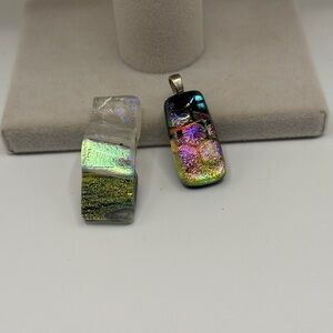 Lot of 2 Dichroic Glass Pendants Iridescent Fused Glass Artisan Jewelry